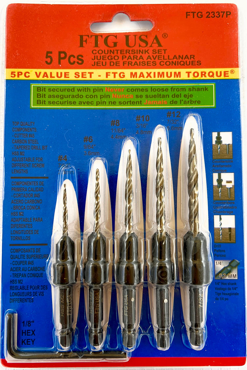 Adjustable Wood Countersink Drill Bit Set 5 Pc #4#6#8#10#12 Tapered Drill Bit for Woodworking w/o Depth Stop