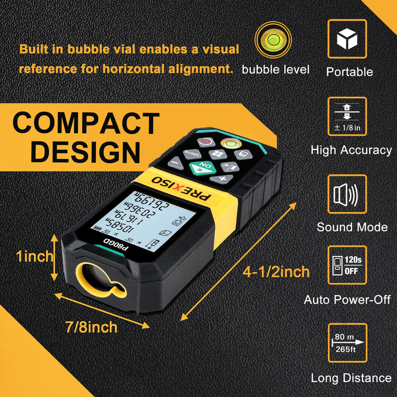 PREXISO Laser Measure Rechargeable, 265Ft Green Beam Laser Measurement Tool with Angle Sensor& 30 Sets Data Storage &1/4"-20 Threaded Hole - Ft/Ft+in/in/M Units - Pythagorean Mode, Area, Volume