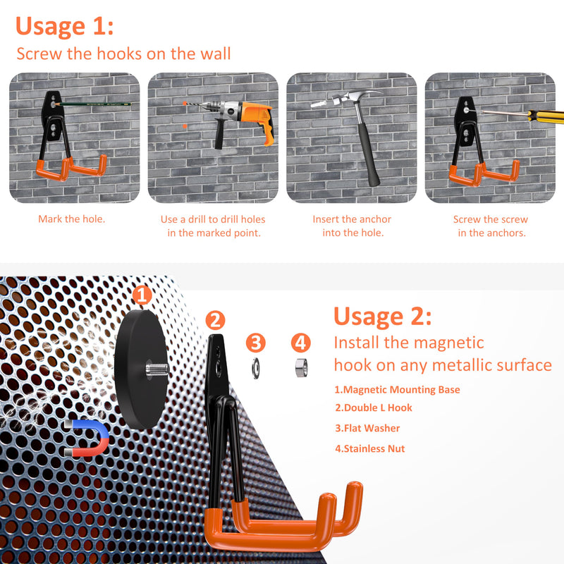 ENUODA Strong Magnetic Hooks Heavy Duty 4 Pack Magnet Garage Hooks Heavy Duty Rare Earth Magnets Utility Storage Hooks for Hanging Ladder, Power Tool, Toolbox, Shovel, Broom, Extension Cord Orange