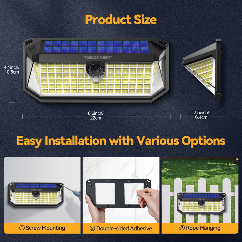 TECKNET 4200Lm 416 LED Solar Motion Lights Outdoor, 300° Angle & 3 Lighting Modes Motion Sensor Light Outdoor, 2 Pack Security Solar Lights IP66 Waterproof for Fence Front Door Yard Deck Garden Garage 2 Pack - Cool White