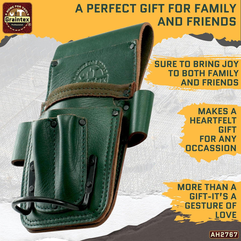 Graintex Ambassador Series 5 Pocket Multi Tool Holder, Top Grain Leather, Small Leather Pouch, Hammer Holder, Multipurpose Tool Belts for Men and Women, Ideal for Carpenters, Framers, Contractors Emerald Green