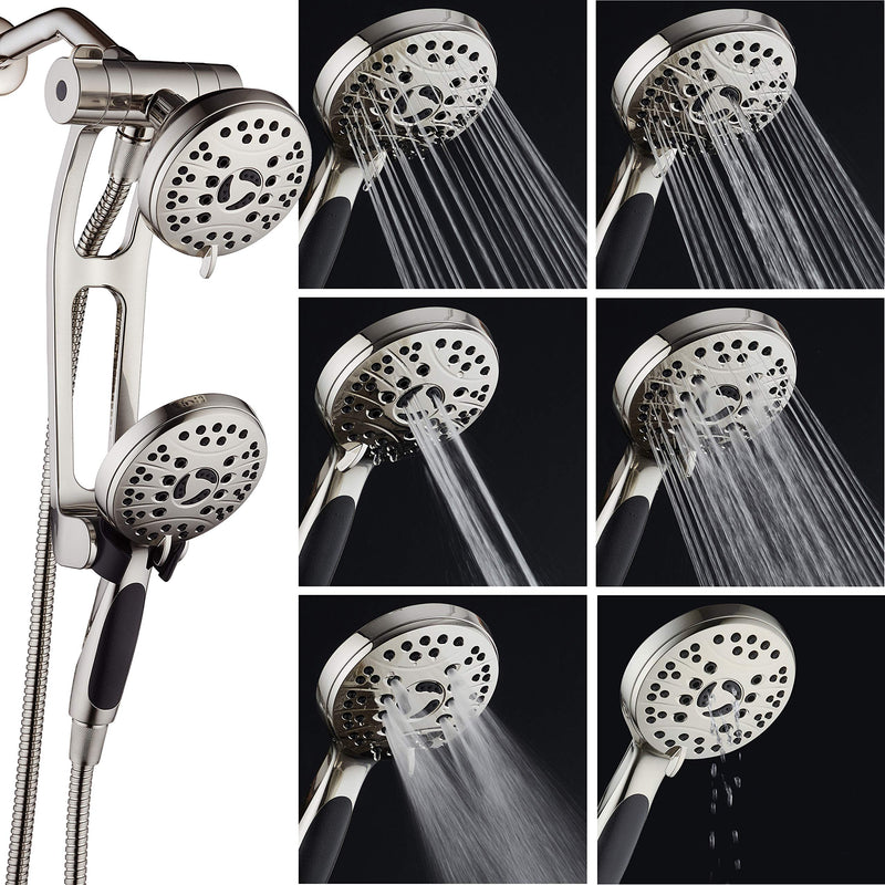 High Pressure 48-mode Luxury 3-way Combo with Adjustable Extension Arm – Dual Rain & Handheld Shower Head – Extra Long 6 Foot Stainless Steel Hose – All Brushed Nickel Finish – Top US Brand