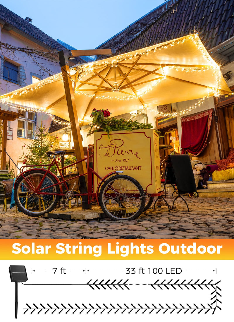 Minetom Solar String Lights for Outside - 40 FT 100 LED Solar Outdoor String Lights with 8 Lighting Modes, IP65 Waterproof Solar Outdoor Lights, Solar Lights for Outside Tree Party Decor, Warm White