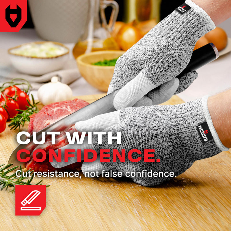NoCry Cut Resistant Work Gloves for Women and Men, with Reinforced Fingers; Comfortable, 100% Food Grade Kitchen Cooking Hand Protection; Ambidextrous Safety Gear for Cutting;Level 5 Protection 3-pack Large Reinforced (Grey)