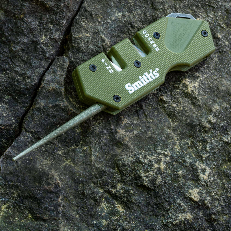 Smith’s Pocket Pal Tactical Knife Sharpener - 2 Stage Sharpener & Diamond Sharpening Rod - Pocket Clip - Outdoor Hunting Knife & Hook Sharpener - Compact & Lightweight PP1-Mini Tactical (OD Green)