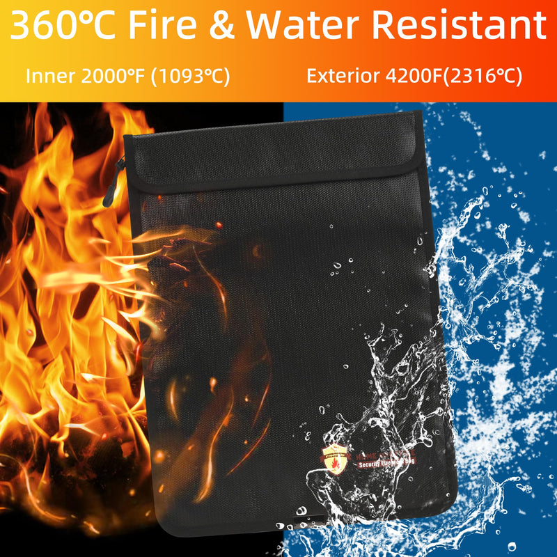 2 Pcs Fireproof Waterproof Document Bag(2000℉) – Fire & Waterproof Money Pouchfor for Cash w/Zipper – Safe Storage for A4/A5 Documents Holder, File, Cash, Jewelry, Passport, Tablet, Laptop Black 1 15 x 11 inch + 5 x 8 inch