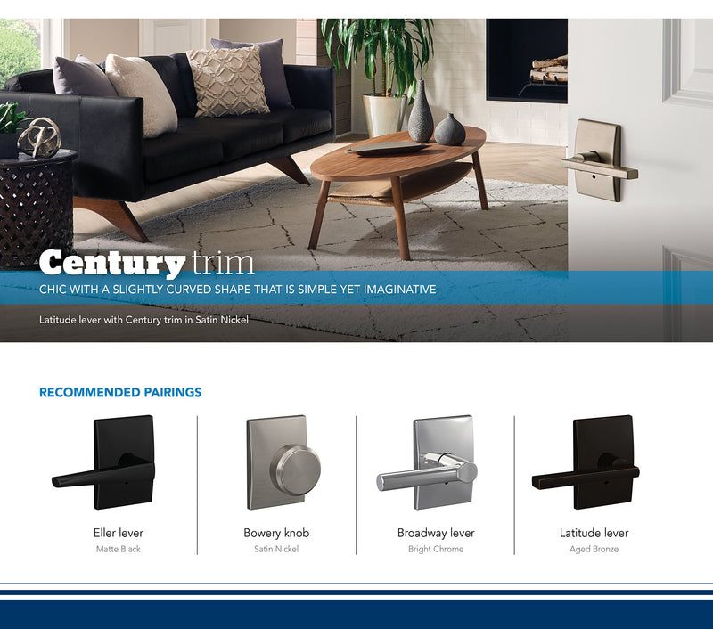 Schlage Custom FC172 BRW 626 CEN Broadway Non-Turning Lever with Century Trim, Satin Chrome Inactive