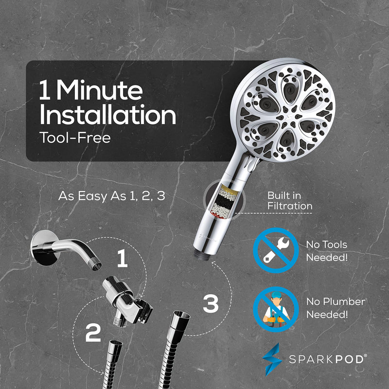 SparkPod 10-Mode Handheld Shower Head with Filter - 5" High Pressure Filtered Shower Head with Touch-to-Clean Nozzles, Built-In Power Jet, Stainless Steel 6ft Hose & Bracket (Polished Chrome) 1. Luxury Polished Chrome