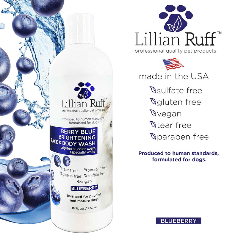 Lillian Ruff Berry Blue Brightening Face and Body Wash for Dogs and Cats - Tear Free Blueberry Shampoo - Remove Tear Stains, Hydrate Dry Itchy Skin, Add Shine & Luster to Coats - Made in USA (16oz) 16 Fl Oz (Pack of 1) - PawsPlanet Australia