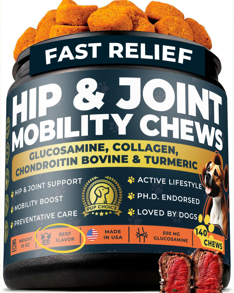Glucosamine 500 mg Hip & Joint Chews for Dogs — Chondroitin, Collagen, MSM & Turmeric — Bundle with 2‑Billion CFU Multi‑Strain Probiotic Chews — 140 Hip & Joint Chews + 140 Beef Probiotic Chews