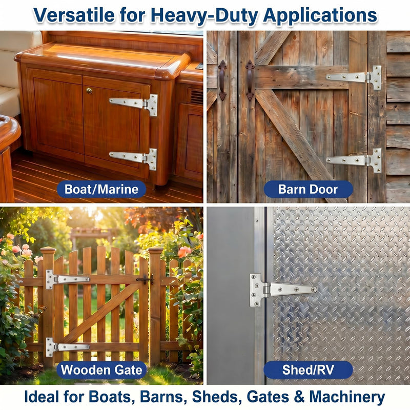 6" Heavy Duty T Hinges, 316 Stainless Steel Strap Hinges for Boat, Barn Door & Wooden Gate, Rustproof Polished Tee Hinge with Extra-Long 1.38" Screws (0.17" Thick), 2 Pack