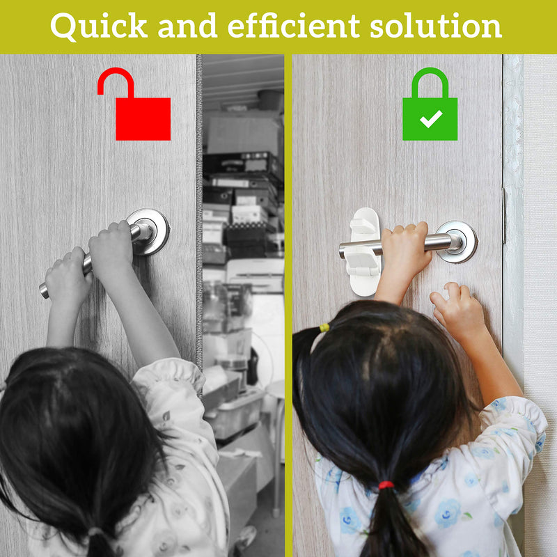 Door Lever Lock (6 Pack) Prevents Toddlers from Opening Doors. 3.25" L * 1.5" W * 4.5" H Easy One Hand Operation for Adults. Durable ABS with 3M Adhesive Backing. Simple Install, No Tools Needed. 6 Count (Pack of 1) White