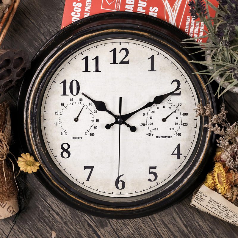 JoFomp Outdoor Clocks for Patio, Large 16 inch Outside Wall Clock Waterproof with Thermometer and Hygrometer Combo, Round Silent Battery Operated Wall Clock for Home, Pool, Garden Bronze