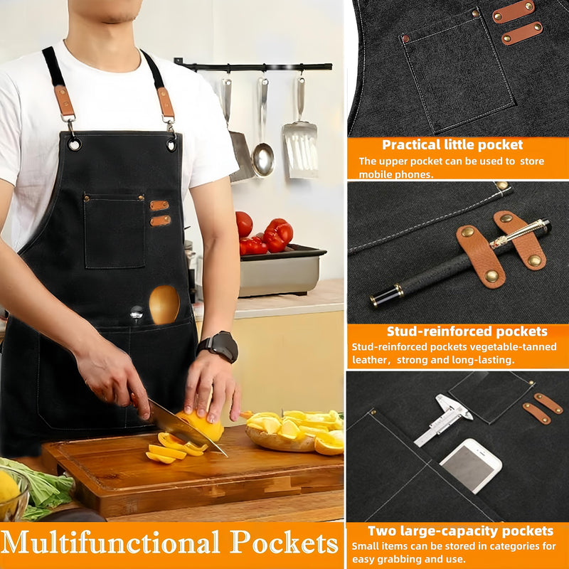 BLIRITEL Canvas Work Apron with Cross Back Straps, Chef Apron for Men Women, Adjustable Utility Apron for Kitchen,Workshop Black