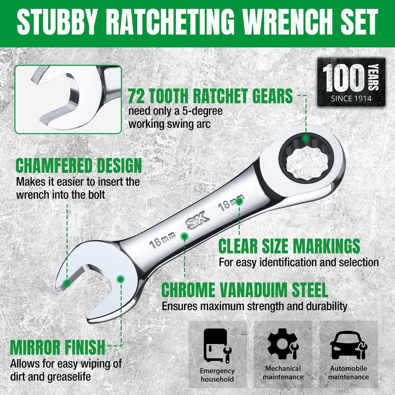 SK Stubby Ratcheting Wrench Set, Combination Wrench Set, 7-Piece, Metric, 72-Tooth, CR-V Steel, with Rolling Pouch