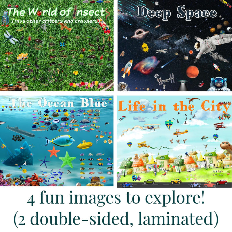 Adventure Set - 2X Wood Magnifying Glass for Kids with 4 Pictures - Wooden Montessori Toy - Learn and Explore 2 Pieces