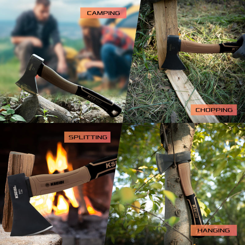 KSEIBI Outdoor Camping Hatchet with Sheath for Splitting and Kindling Wood, Forged Steel Blade with Anti-Slip and Shock Reduction Handle Great Throwing Axes and Hatchets (Tuscan Brown) Tuscan Brown
