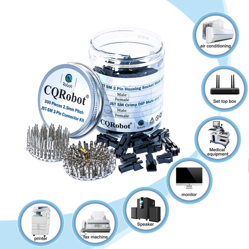 JST SM 2.5 mm Pitch 2-Pin Electronic Connector IC Male Plugs, Female Sockets Housing and Male/Female T-Shaped Crimp Terminal Kit. 50 Sets/300 Pieces Wire-Wire Adapter Cable Assembly. 2P