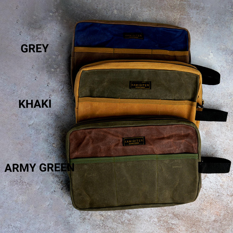Small Tool Bag Waxed Canvas with Zipper Closure, Dual Compartments with 3 External Pockets, Handle & Adjustable Shoulder Strap 2-in-1 Convertible Pouch for Tool Organizers and Storage, Khaki