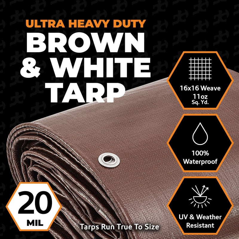 5' x 7' Brown/White Ultra Heavy Duty Tarp - 20 Mil Tarps Heavy Duty Waterproof 5x7 - Large Outdoor Tarp, Waterproof Tarp Cover for Rain Camping, Tent Tarp, UV Protection, Reinforced Corners 5' x 7'