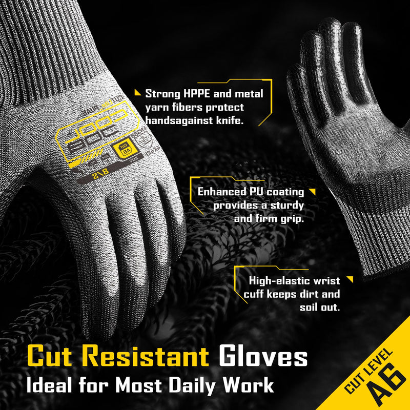 COOLJOB 12/120 Pairs Cut Resistant Safety Work Gloves with Grip, 13 Gauge Seamless Shell with PU Coating, ANSI A2 A4 A6, Gray Large (Pack of 12) Ansi A6 Cut Level