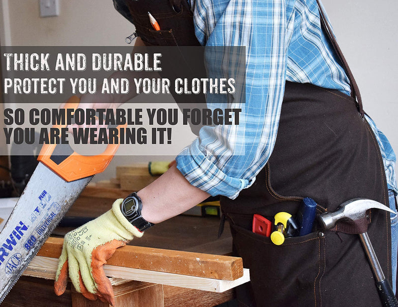 16oz Waxed Canvas Work Apron with Tape Holder - Fully Adjustable, Tough Protection for Men Brown