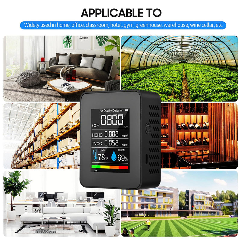Prefessionall Indoor Air Quality Monitor, 5 in 1 Portable Smartair Quality Tester for CO2 | TVOC | HCHO | Temp | Hum for Home Cars Plants and Pets So On (Black) Black
