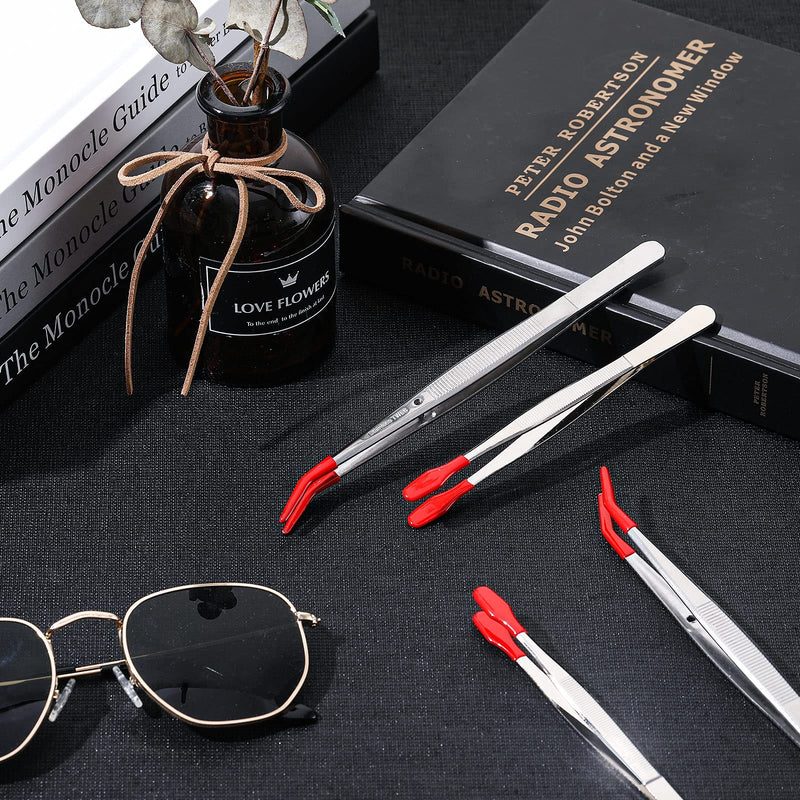 Honoson 4 Pieces Rubber Tipped Tweezers PVC Silicone Tip Tweezers Coated Flat and Bent Tip Forceps for Lab Industrial Jewelry Craft Coin Stamp Tongs(Red) Red