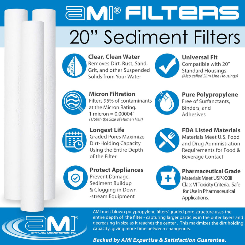 APPLIED MEMBRANES INC. 5 Micron Sediment Filter Replacement 2.5x20 | 20-inch Standard Size Fits All Standard Filter Housing | Removes Rust, Dirt, Sand, Silt, and Suspended Solids | H-F2005CF