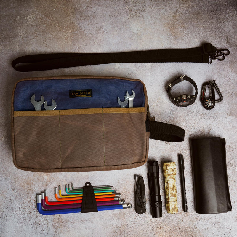 Retro Versatile Small Tool Bag, Crossbody & Clutch Convertible, 12" Two-Compartment Waxed Canvas Pouch for Wrenches, Screwdrivers, DIY, Carpenter Tools Storage, Grey
