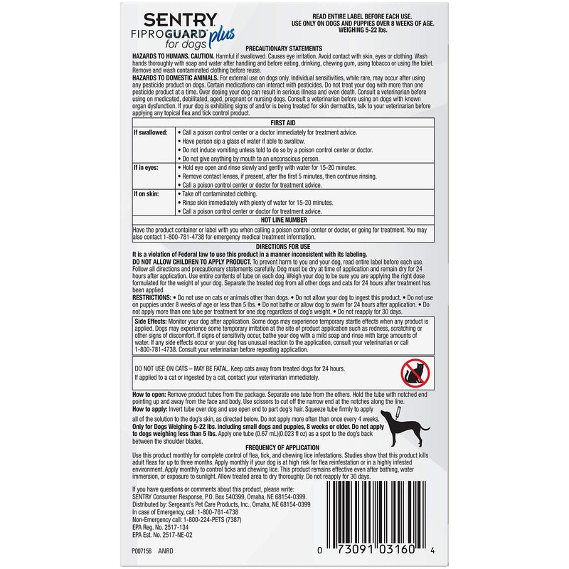 Sentry 3 Count Fiproguard Plus for Dogs Squeeze-On, 5-22-lbs (Pack of 2)
