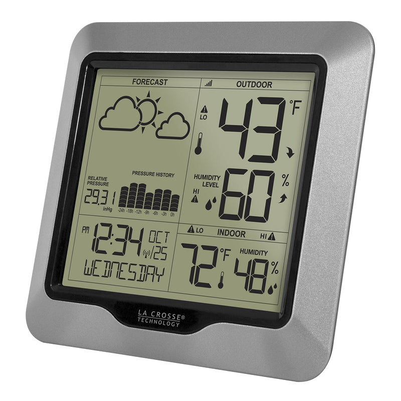 La Crosse Technology Advanced Wireless Weather Station: Dynamic Icons, Barometric Pressure, Atomic Time, Temperature/Humidity Gauge, Recording, Stylish Display, Fast Reception & Long Range (330 Feet) Forecast Station, Silver