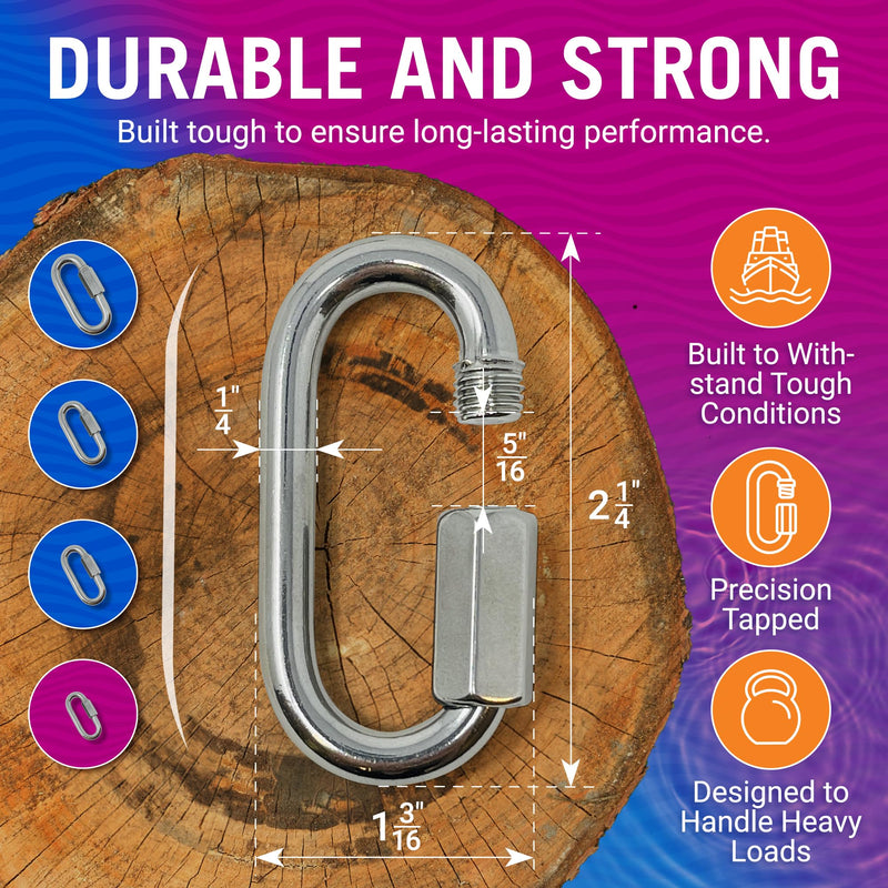 316 Stainless Steel Locking Chain Link, Threaded Quick Link Chain Connector Clips, Heavy Duty D Shape Quicklinks, 1/2", 3/8", 5/16", 1/4" Small Sizes, Marine Grade, 4 Pack Safety Links 1/4" 1/4 "