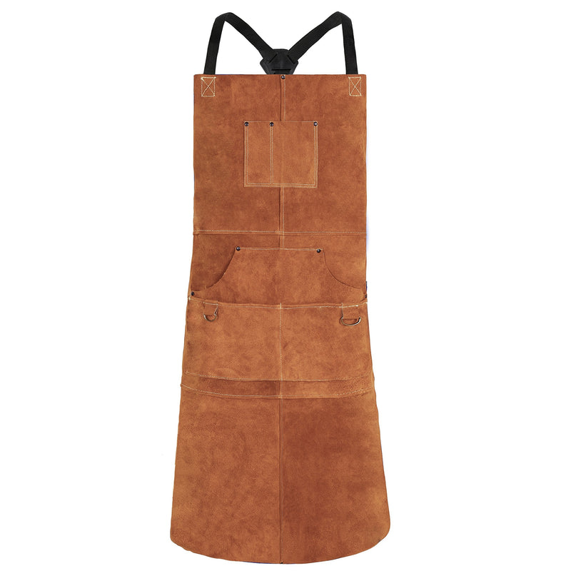 QeeLink Leather Welding Apron with 6 Pockets - Heat & Flame-Resistant Apron, 24'' X 42'', Adjustable M to XXXL Brown