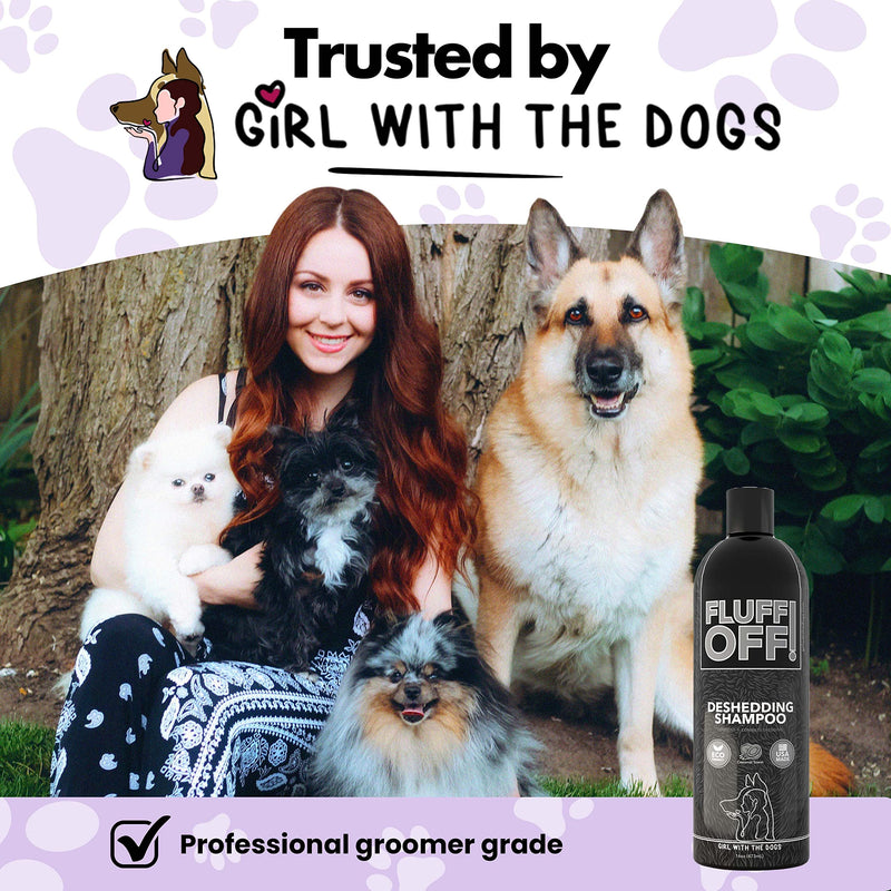 Soap Dispensing Pet Wash Sprayer Nozzle and FLUFF OFF! by Girl With The Dogs, Natural Deshedding Dog & Cat Shampoo 16 oz