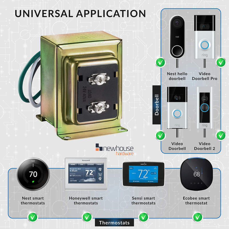 Newhouse Hardware 40TR 24-Volt 40vA Wired Door Bell Transformer for Powering Multiple Smart Doorbells and Thermostats, Gold 24V, 40VA