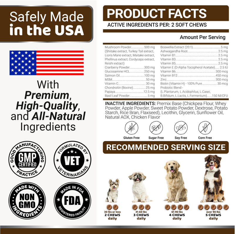 Turkey Tail Mushroom for Dogs - 170 Count - Mushroom Chews for Dogs Lipoma Lumps and Bumps - Immune Health, Digestive, Skin, Energy, Joint Vitamin Support Guard Buddy - Multivitamin Supplement Multivitamin Mushroom Complex 170 Chews