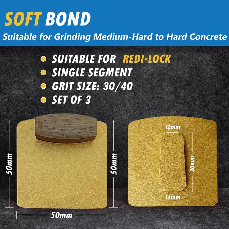Diamond Concrete Grinding Discs for Husqvarna Redi-Lock, Single Segment, Soft Bond, Set of 3, 30/40 Grit #30/40 Grit Soft Bond - Single