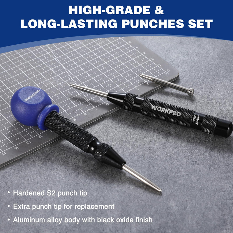 WORKPRO 2PCS Automatic Center Punch with an Extra Replacement Tip, Adjustable Spring Loaded Center Punch, Metal Punch Tool, Center Hole Punch for Wood, Metal, Plastic 2pcs Auto Center Punches with a Replacement Tip