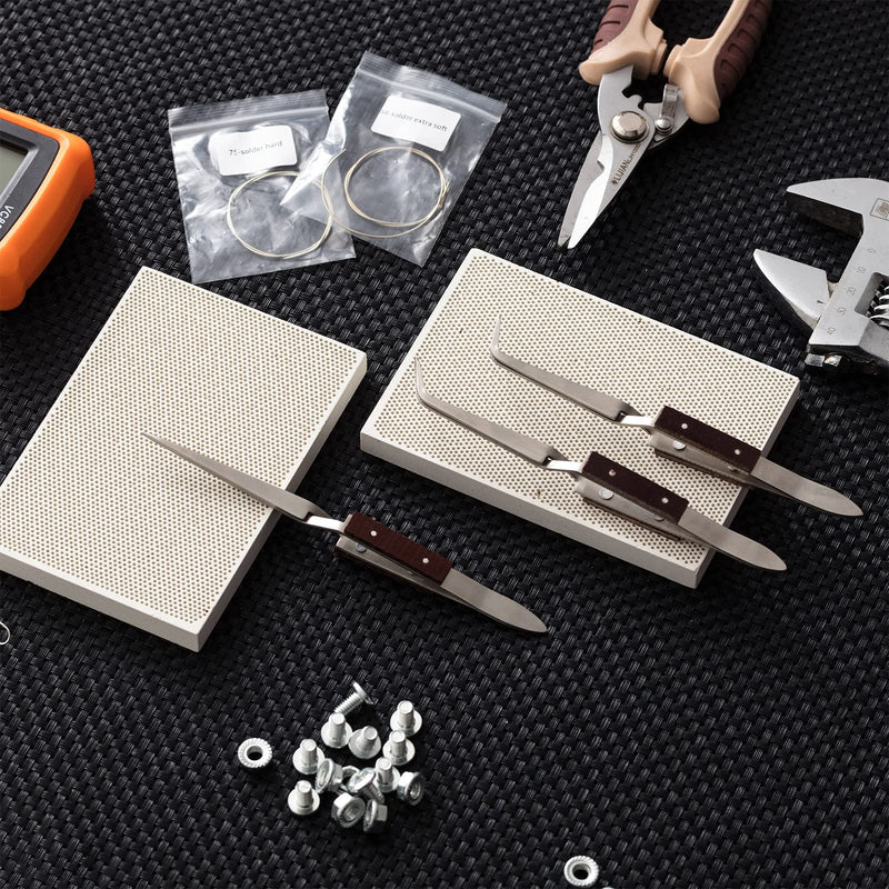 Seajan 7 Pcs Jewelry Soldering Kit Boards Ceramic Honeycomb Soldering Blocks 3 Reverse Lock Tweezers for Jewelry Making Tool Supplies Parts