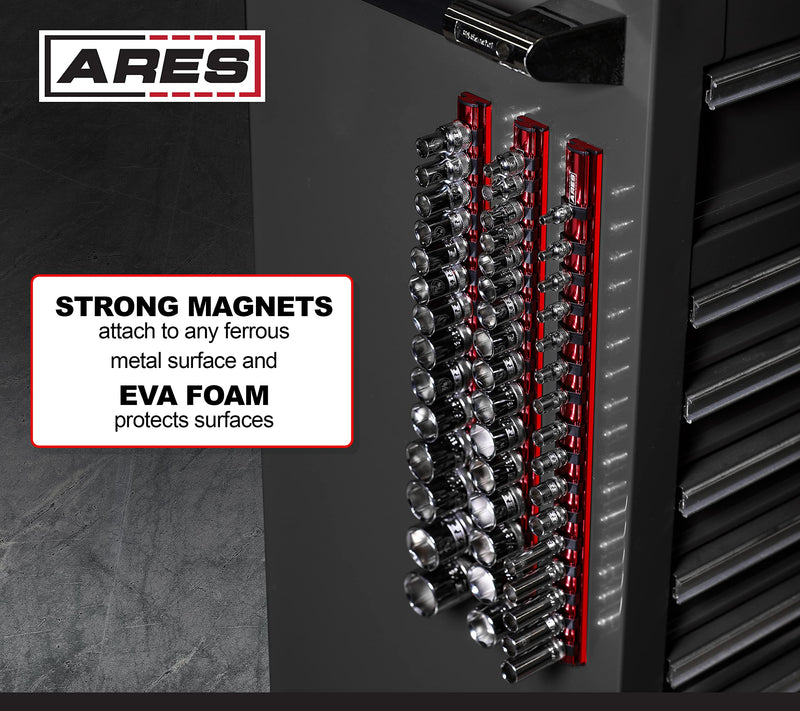 ARES 60129-1/2-Inch Drive Magnetic Socket Organizer - Aluminum Rail Stores up to 16 Sockets and Keeps Your Tool Box Organized Red 1/2-Inch Drive 16.5-Inch Magnetic Socket Rail