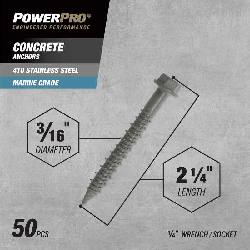 Power Pro Concrete Screw Anchors #410 Stainless Hex Washer (3/16" x 2-1/4") 50-Piece