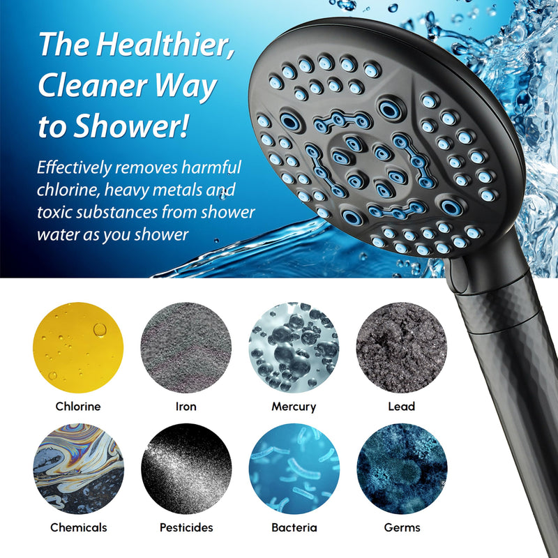 AquaCare High Pressure 6-way Dual Shower Head Combo with Built-in Filter & Power Wash - Clean Tub, Tile & Pets. Remove Chlorine, Lead & Toxins from Water to Protect Skin, Hair, & Nails. Matte Black 2.5 Gallons Per Minute