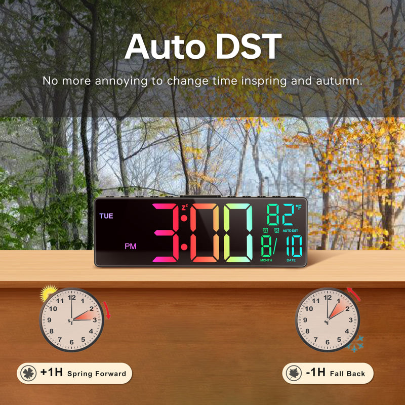 JALL 10.5'' Digital Large Alarm Clock with 8-in-1 RGB Colors, Date, Month, Temperature LED, Auto DST, Modern for Desk, Wall, Living Room, Bedroom, Birthday Xmas Gift (Black, 10.5 inches) Black