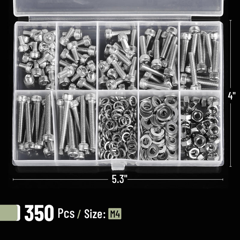 Mr. Pen- Nuts and Bolts Assortment Kit, 350 pcs, Stainless Steel, M4 Screws (7 Sizes 6-30mm), Hex Socket Head Cap Screws Assorted Nuts and Bolts Nut Bolt and Washer Assortment Bolt and Nut Assortment