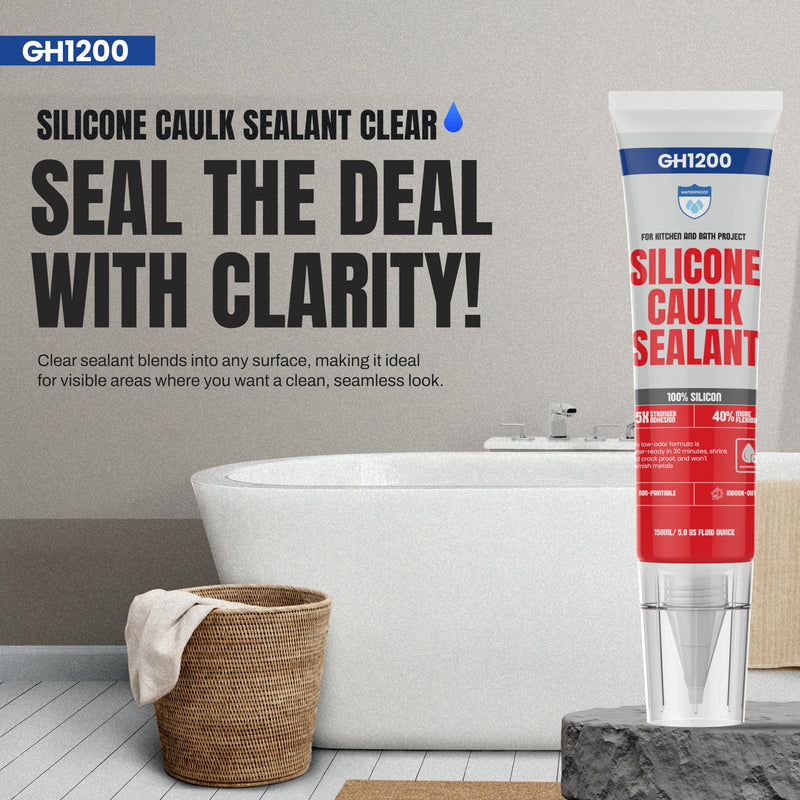 GH1200 150 ML/5 FL Oz Silicone Caulk Clear Silicone Sealant Waterproof, Kitchen & Bathroom Caulk - Shrink & Crack Proof - Indoor & Outdoor Use Silicone Glue - Strong Caulking Formula Tube 150 ML Clear Silicone Sealant