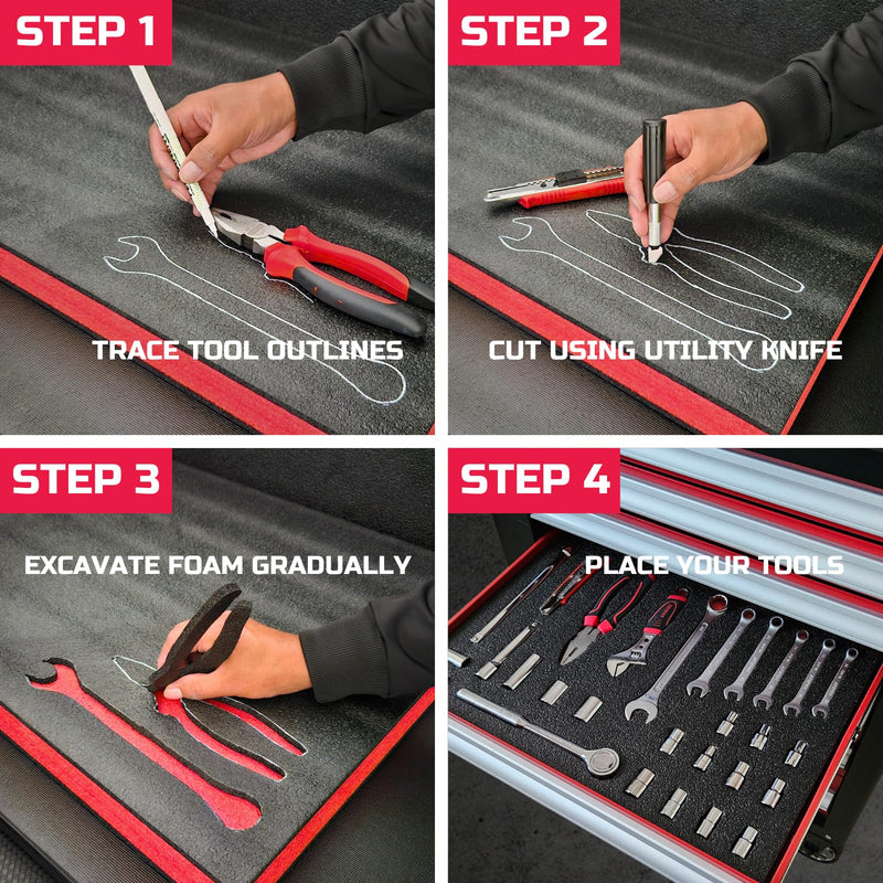 ONREVA Tool Box Foam 54x16x1 inch 1PC, Foam Inserts for Cases, Polyethylene Storage Sheets for Toolbox Hard Case, Tool Shadow Insert, Kaizen Organizer Sheet, Black with Red