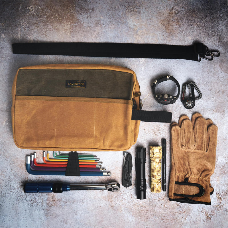Small Tool Bag Waxed Canvas with Zipper Closure, Dual Compartments with 3 External Pockets, Handle & Adjustable Shoulder Strap 2-in-1 Convertible Pouch for Tool Organizers and Storage, Khaki