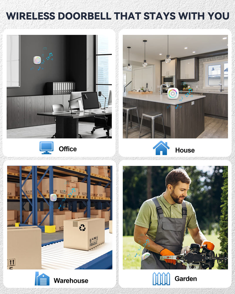 TECKNET Wireless Doorbell, Portable Doorbell with RGB Light, Battery Powered IP66 Waterproof Cordless Door Chime Kit, 1300 ft Wireless Range, 60 Chimes & 5 Level Volume, Using Time up to 4.5 Years 1 push button 1 portable receiver White