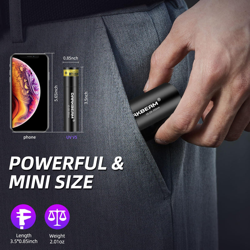 DARKBEAM UV Flashlight 365nm Light and 395nm Blacklight, Mini Powerful Woods Lamp USB-C Rechargeable, LED Ultraviolet Flashlights Pet Urine Detector for Rock, Uranium Glass, Resin Curing, 2 Pack